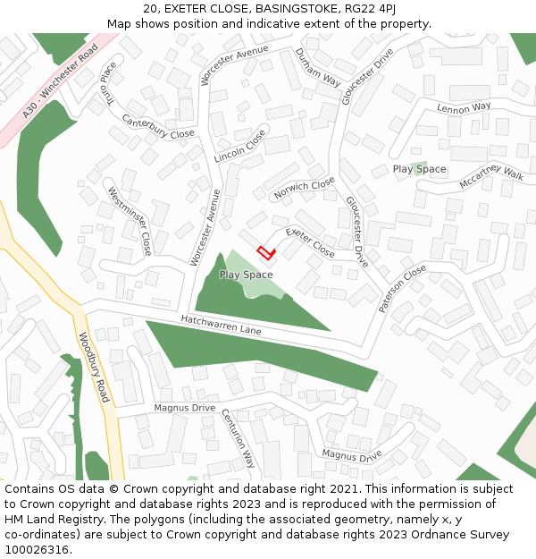 20, EXETER CLOSE, BASINGSTOKE, RG22 4PJ: Location map and indicative extent of plot