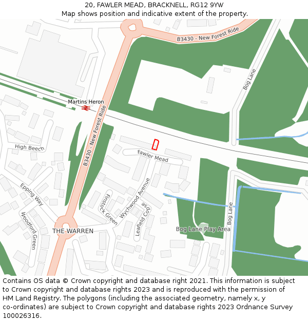 20, FAWLER MEAD, BRACKNELL, RG12 9YW: Location map and indicative extent of plot