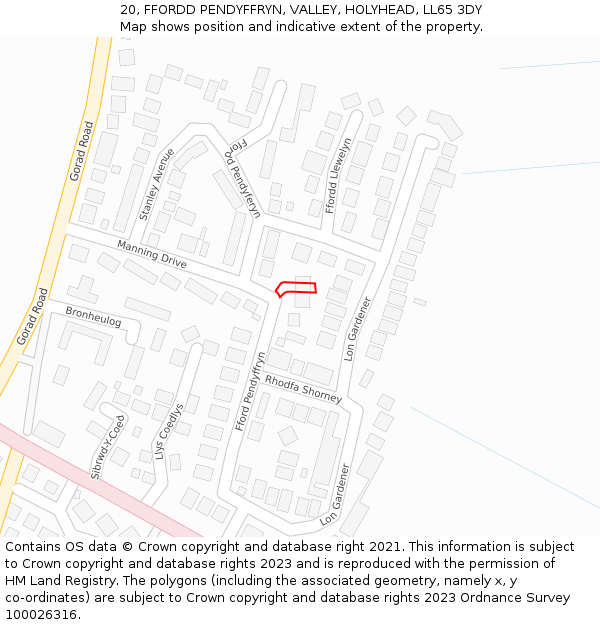 20, FFORDD PENDYFFRYN, VALLEY, HOLYHEAD, LL65 3DY: Location map and indicative extent of plot