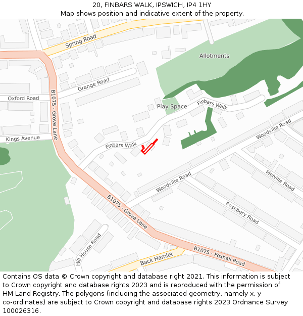 20, FINBARS WALK, IPSWICH, IP4 1HY: Location map and indicative extent of plot