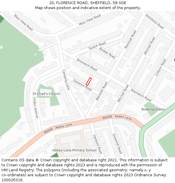 20, FLORENCE ROAD, SHEFFIELD, S8 0GE: Location map and indicative extent of plot
