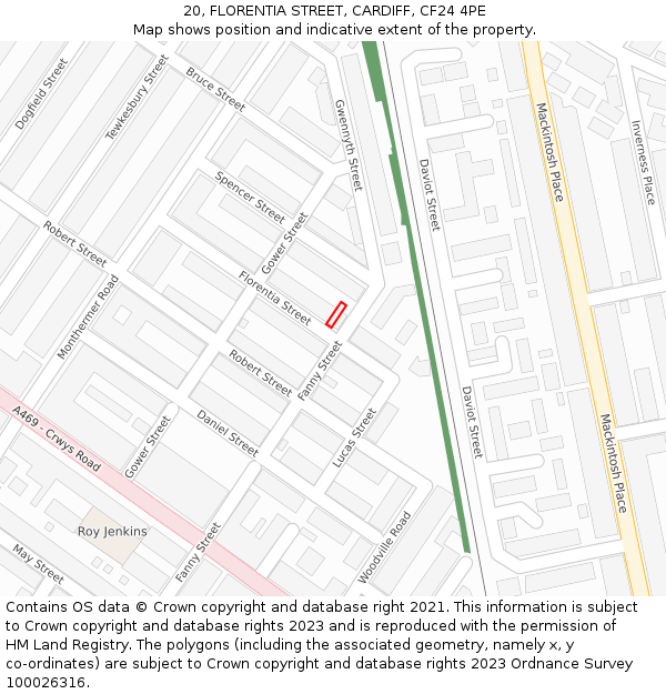 20, FLORENTIA STREET, CARDIFF, CF24 4PE: Location map and indicative extent of plot