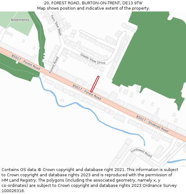 20, FOREST ROAD, BURTON-ON-TRENT, DE13 9TW: Location map and indicative extent of plot