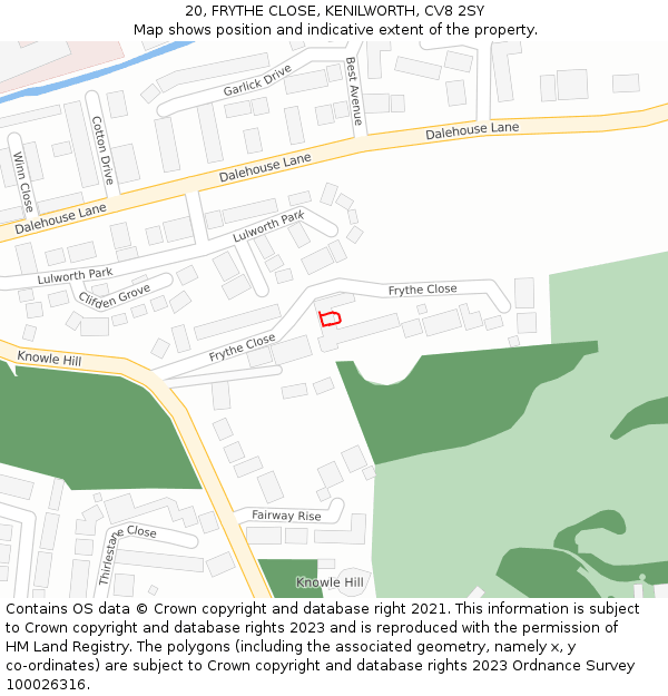 20, FRYTHE CLOSE, KENILWORTH, CV8 2SY: Location map and indicative extent of plot