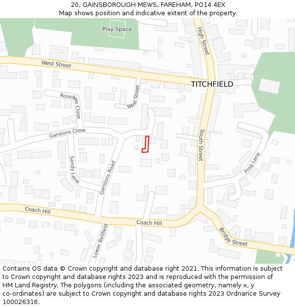 20, GAINSBOROUGH MEWS, FAREHAM, PO14 4EX: Location map and indicative extent of plot