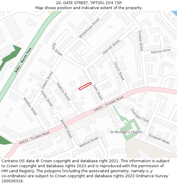 20, GATE STREET, TIPTON, DY4 7SP: Location map and indicative extent of plot