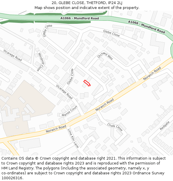 20, GLEBE CLOSE, THETFORD, IP24 2LJ: Location map and indicative extent of plot