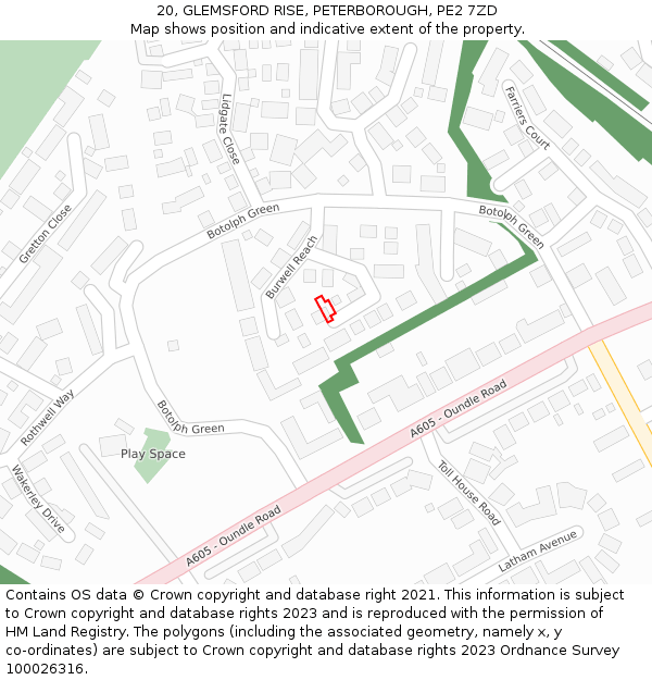 20, GLEMSFORD RISE, PETERBOROUGH, PE2 7ZD: Location map and indicative extent of plot