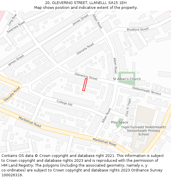 20, GLEVERING STREET, LLANELLI, SA15 1EH: Location map and indicative extent of plot