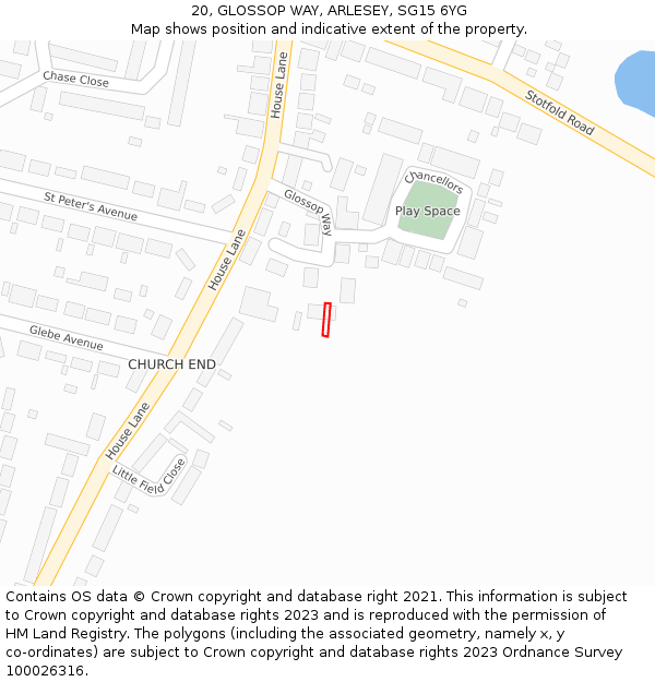 20, GLOSSOP WAY, ARLESEY, SG15 6YG: Location map and indicative extent of plot