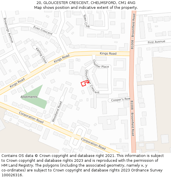 20, GLOUCESTER CRESCENT, CHELMSFORD, CM1 4NG: Location map and indicative extent of plot