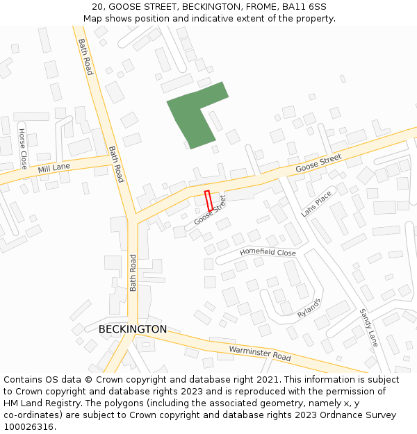 20, GOOSE STREET, BECKINGTON, FROME, BA11 6SS: Location map and indicative extent of plot