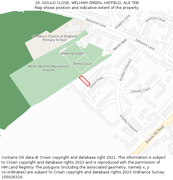 20, GOULD CLOSE, WELHAM GREEN, HATFIELD, AL9 7EB: Location map and indicative extent of plot