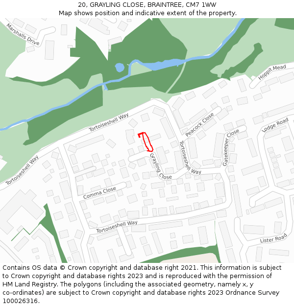 20, GRAYLING CLOSE, BRAINTREE, CM7 1WW: Location map and indicative extent of plot