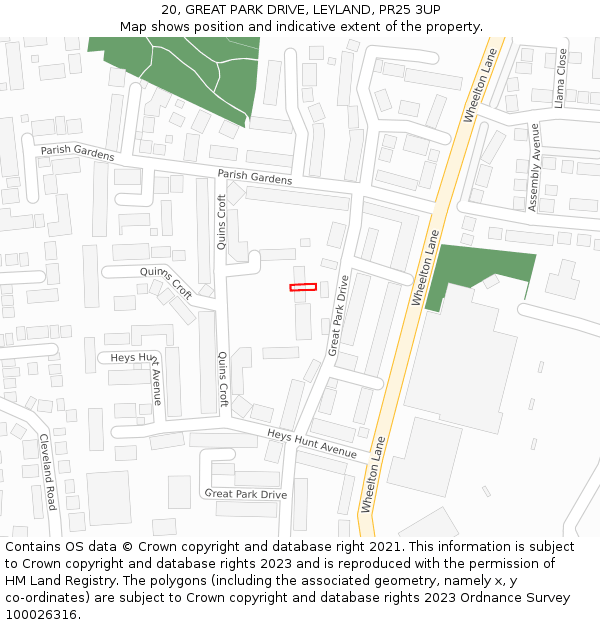 20, GREAT PARK DRIVE, LEYLAND, PR25 3UP: Location map and indicative extent of plot