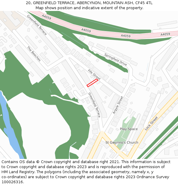 20, GREENFIELD TERRACE, ABERCYNON, MOUNTAIN ASH, CF45 4TL: Location map and indicative extent of plot