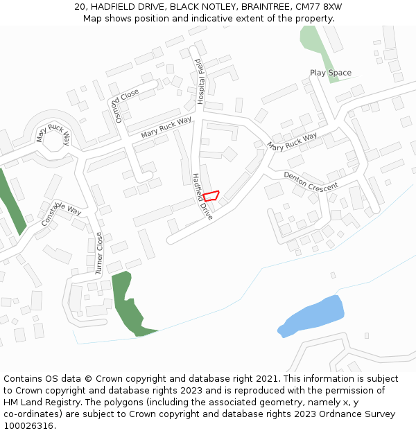 20, HADFIELD DRIVE, BLACK NOTLEY, BRAINTREE, CM77 8XW: Location map and indicative extent of plot