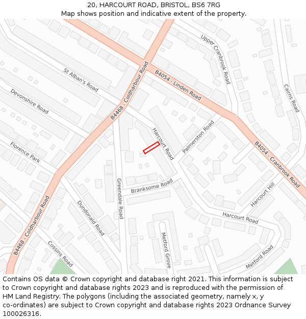 20, HARCOURT ROAD, BRISTOL, BS6 7RG: Location map and indicative extent of plot