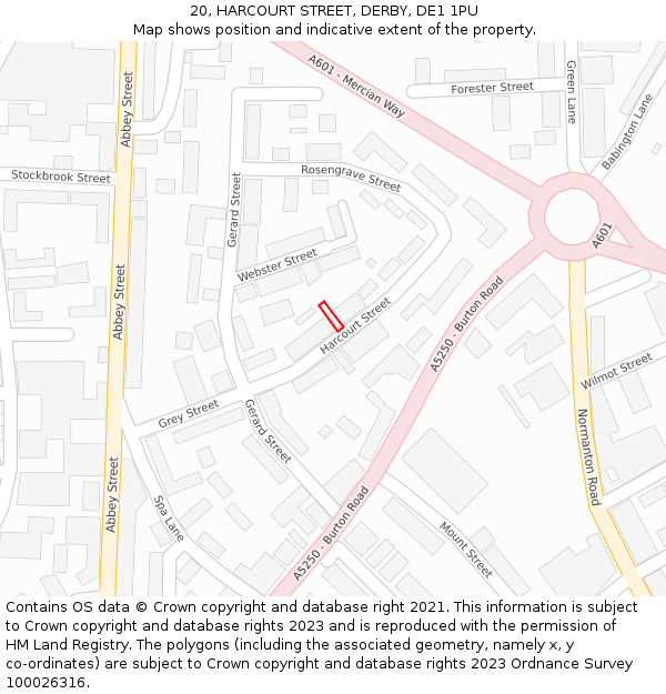 20, HARCOURT STREET, DERBY, DE1 1PU: Location map and indicative extent of plot