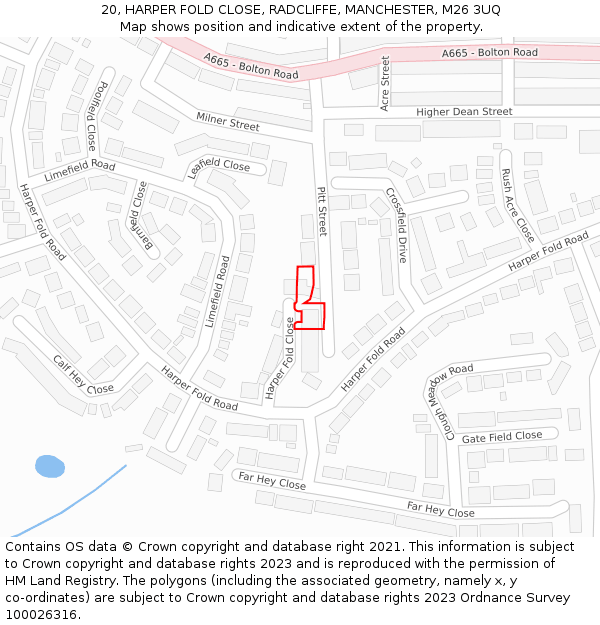 20, HARPER FOLD CLOSE, RADCLIFFE, MANCHESTER, M26 3UQ: Location map and indicative extent of plot