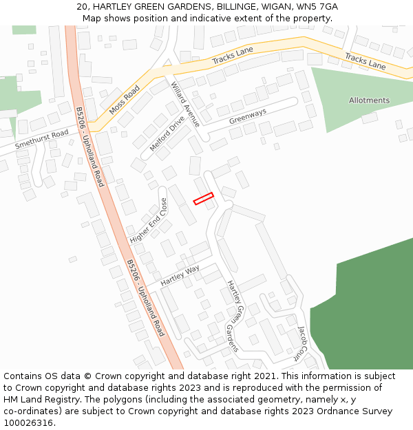 20, HARTLEY GREEN GARDENS, BILLINGE, WIGAN, WN5 7GA: Location map and indicative extent of plot