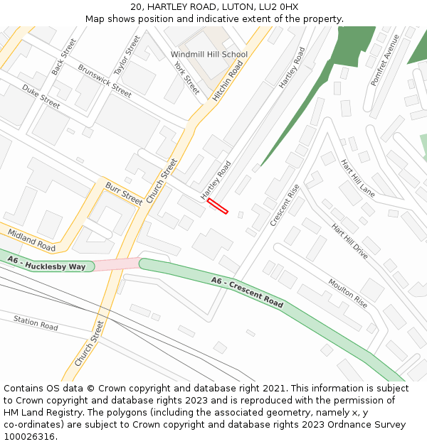 20, HARTLEY ROAD, LUTON, LU2 0HX: Location map and indicative extent of plot