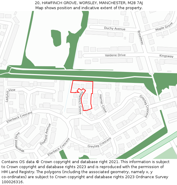 20, HAWFINCH GROVE, WORSLEY, MANCHESTER, M28 7AJ: Location map and indicative extent of plot