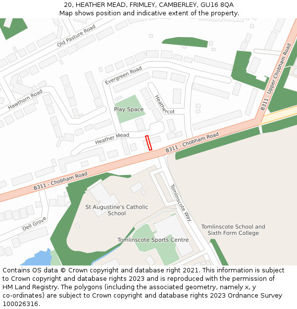 20, HEATHER MEAD, FRIMLEY, CAMBERLEY, GU16 8QA: Location map and indicative extent of plot