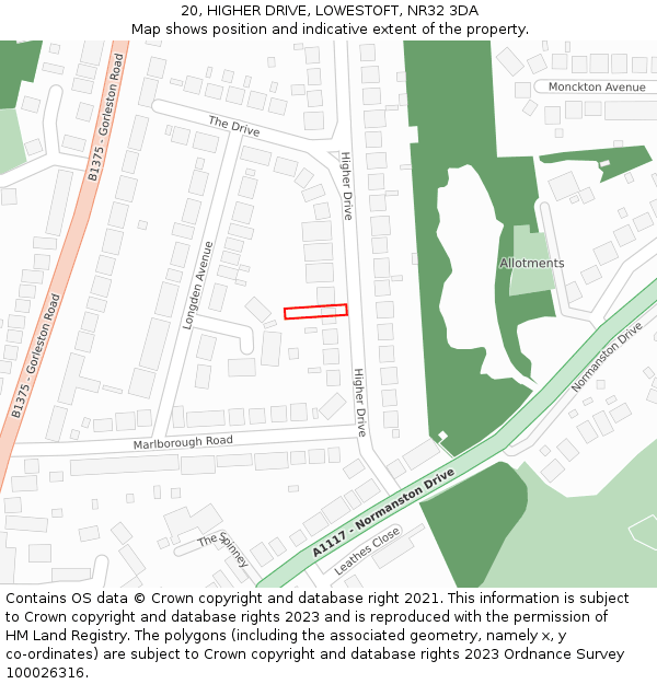 20, HIGHER DRIVE, LOWESTOFT, NR32 3DA: Location map and indicative extent of plot