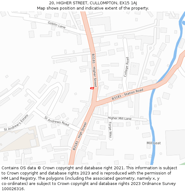 20, HIGHER STREET, CULLOMPTON, EX15 1AJ: Location map and indicative extent of plot