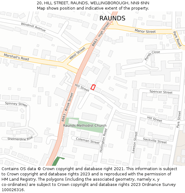 20, HILL STREET, RAUNDS, WELLINGBOROUGH, NN9 6NN: Location map and indicative extent of plot