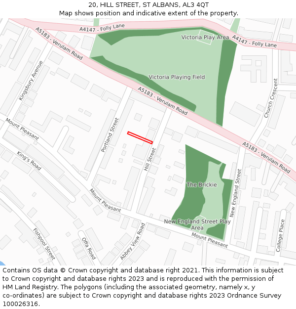 20, HILL STREET, ST ALBANS, AL3 4QT: Location map and indicative extent of plot
