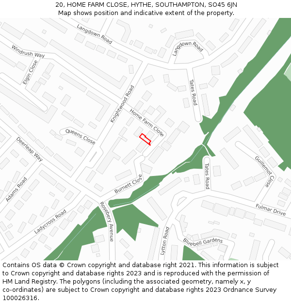 20, HOME FARM CLOSE, HYTHE, SOUTHAMPTON, SO45 6JN: Location map and indicative extent of plot