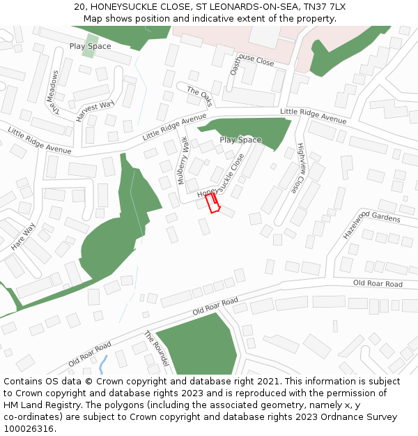 20, HONEYSUCKLE CLOSE, ST LEONARDS-ON-SEA, TN37 7LX: Location map and indicative extent of plot