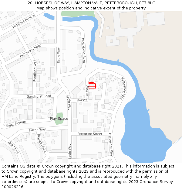 20, HORSESHOE WAY, HAMPTON VALE, PETERBOROUGH, PE7 8LG: Location map and indicative extent of plot