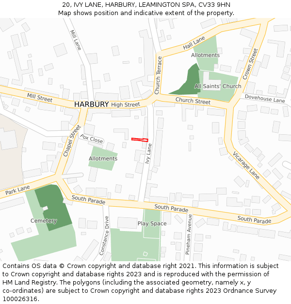 20, IVY LANE, HARBURY, LEAMINGTON SPA, CV33 9HN: Location map and indicative extent of plot