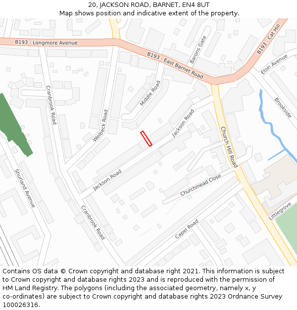 20, JACKSON ROAD, BARNET, EN4 8UT: Location map and indicative extent of plot