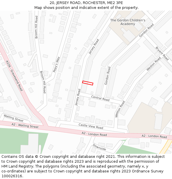 20, JERSEY ROAD, ROCHESTER, ME2 3PE: Location map and indicative extent of plot