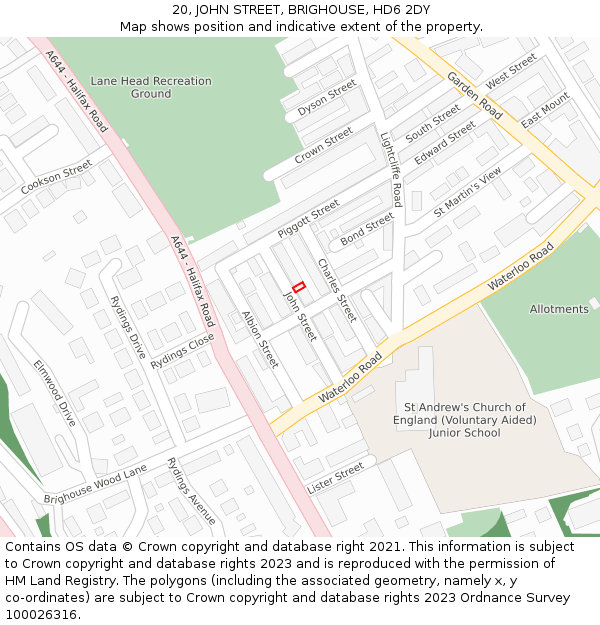 20, JOHN STREET, BRIGHOUSE, HD6 2DY: Location map and indicative extent of plot