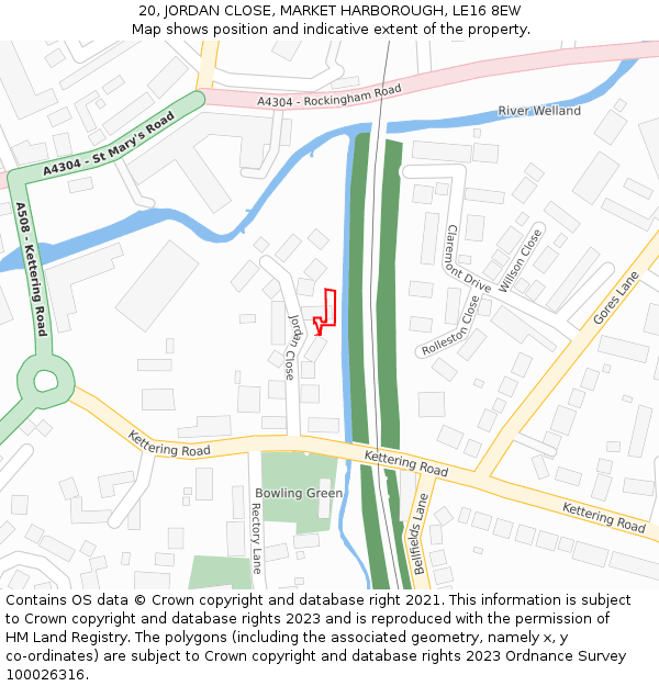 20, JORDAN CLOSE, MARKET HARBOROUGH, LE16 8EW: Location map and indicative extent of plot