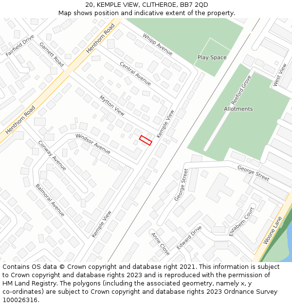 20, KEMPLE VIEW, CLITHEROE, BB7 2QD: Location map and indicative extent of plot