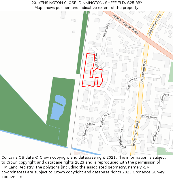 20, KENSINGTON CLOSE, DINNINGTON, SHEFFIELD, S25 3RY: Location map and indicative extent of plot