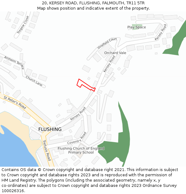 20, KERSEY ROAD, FLUSHING, FALMOUTH, TR11 5TR: Location map and indicative extent of plot