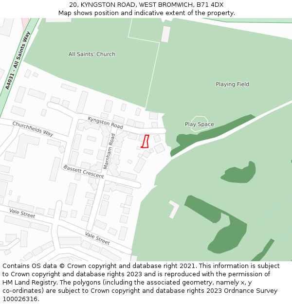 20, KYNGSTON ROAD, WEST BROMWICH, B71 4DX: Location map and indicative extent of plot