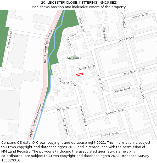 20, LEICESTER CLOSE, KETTERING, NN16 8EZ: Location map and indicative extent of plot