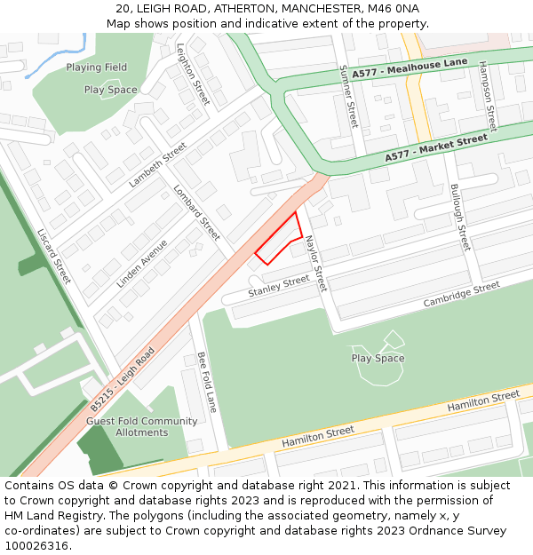 20, LEIGH ROAD, ATHERTON, MANCHESTER, M46 0NA: Location map and indicative extent of plot