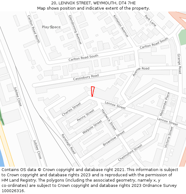 20, LENNOX STREET, WEYMOUTH, DT4 7HE: Location map and indicative extent of plot