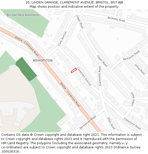20, LINDEN GRANGE, CLAREMONT AVENUE, BRISTOL, BS7 8JB: Location map and indicative extent of plot