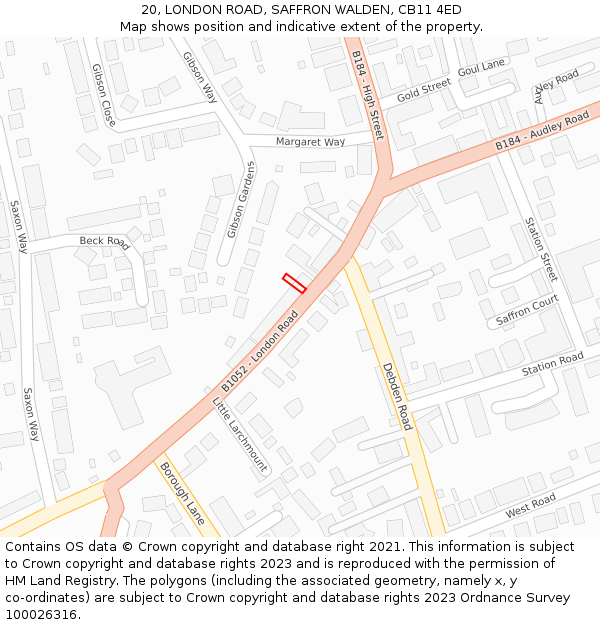 20, LONDON ROAD, SAFFRON WALDEN, CB11 4ED: Location map and indicative extent of plot