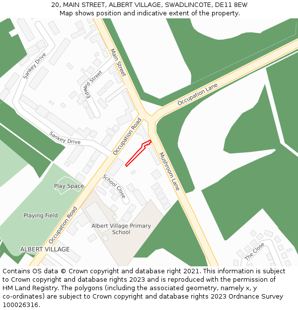 20, MAIN STREET, ALBERT VILLAGE, SWADLINCOTE, DE11 8EW: Location map and indicative extent of plot